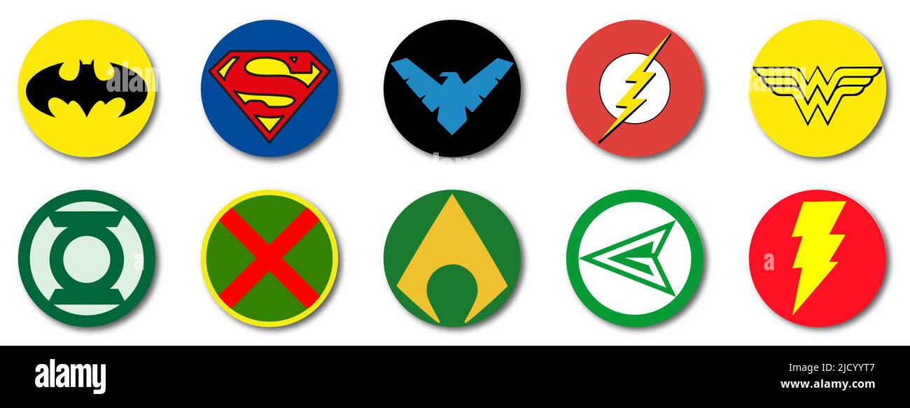 Superhéroes populares de DC. Batman, Superman, Nightwing, Flash, Mujer  Maravilla, Linterna verde, cazador marciano, Aquaman, flecha verde, Shazam.  Editorial il Imagen Vector de stock - Alamy