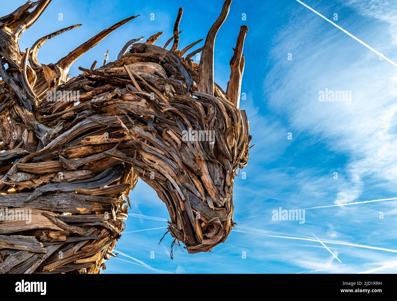 Drago Vaia (Dragón de Vaia). La escultura es obra del artista Marco Martalar. Lavarone, Alpe cimbra, Trentino Alto Adige, norte de Italia. Foto de stock