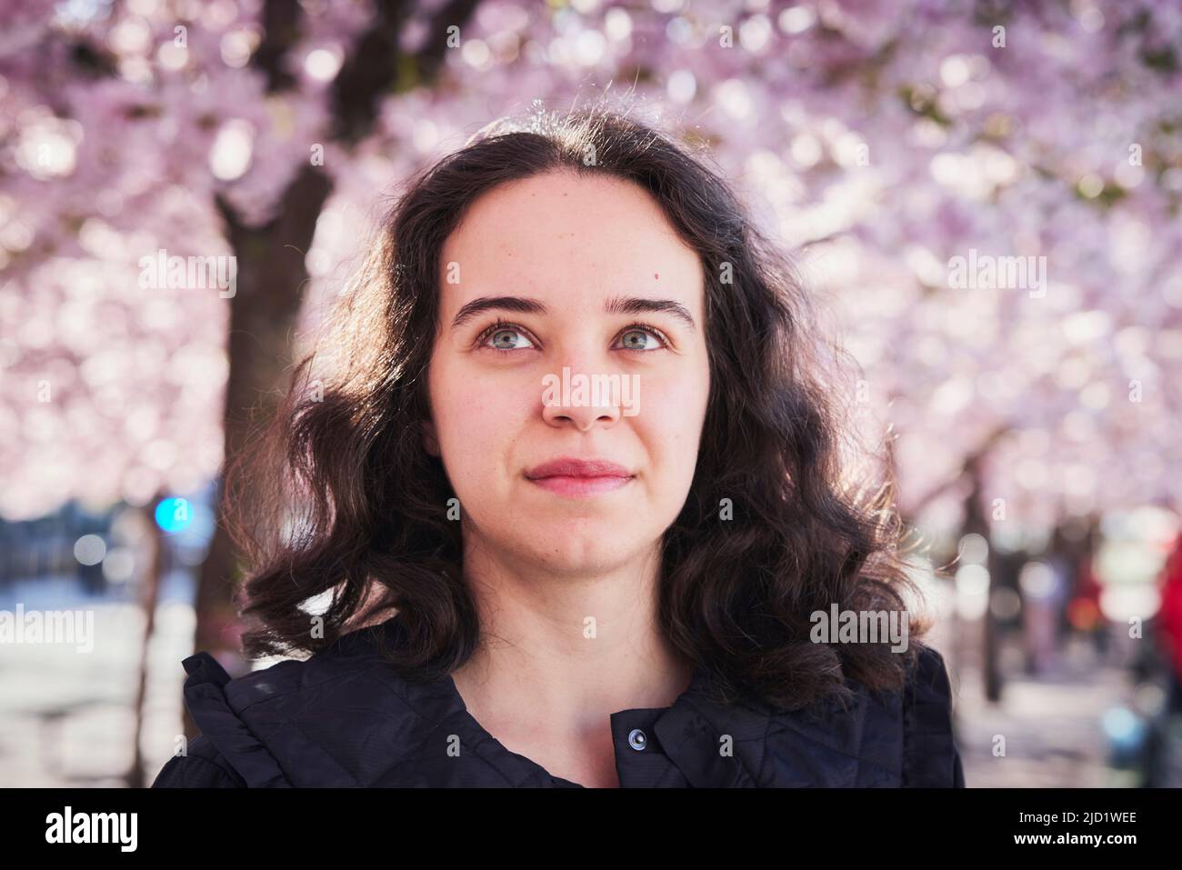 Mujer joven de pie bajo flor de cerezo Foto de stock