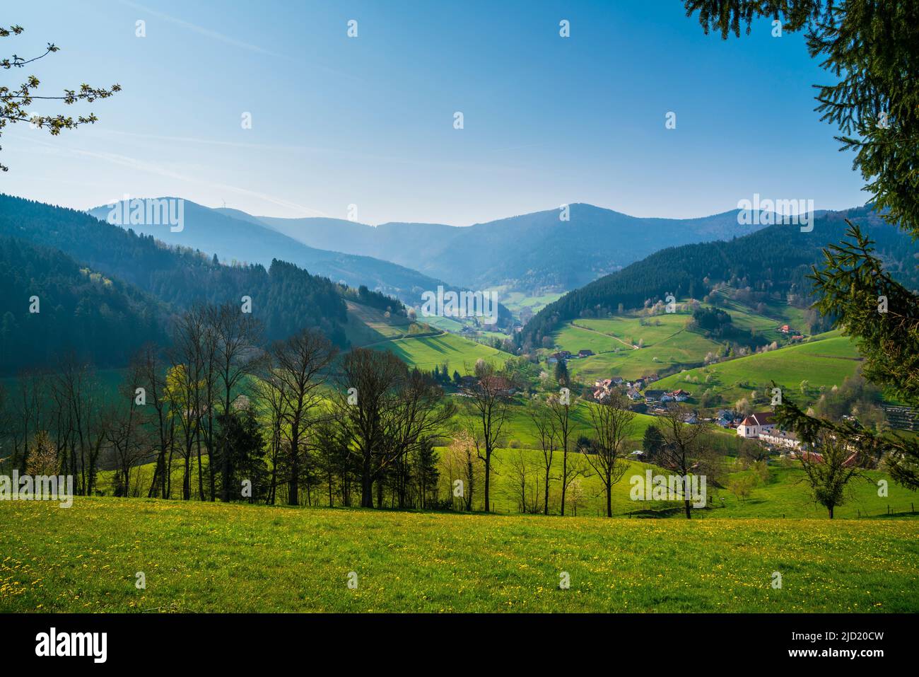 Alemania, destino turístico Schwarzwald, casas de pueblo en el valle rodeado de montañas y bosques en verano en el día soleado, vista panorámica Foto de stock