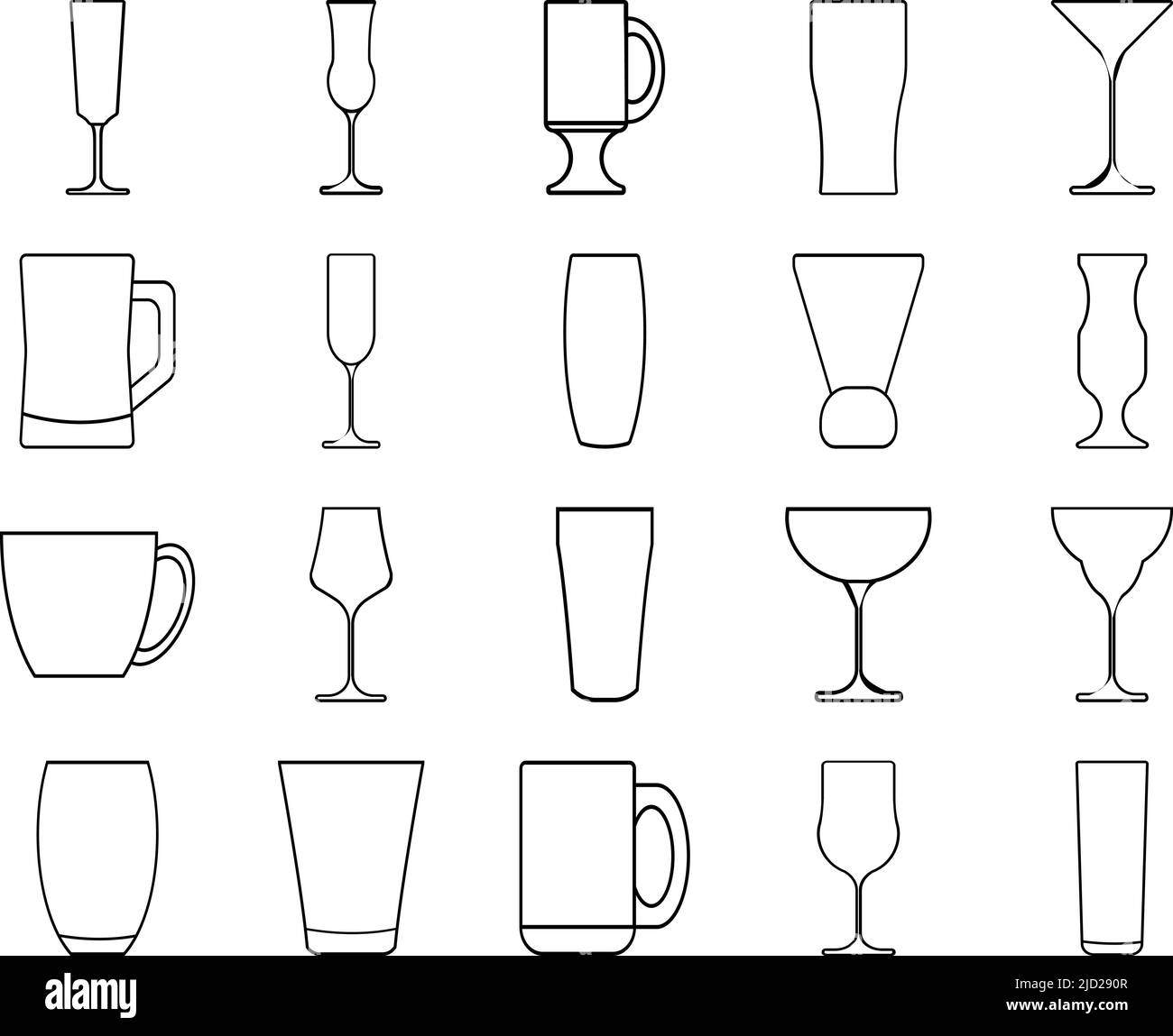 Conjunto de iconos de líneas de cristal. Tipo de cristalería para bebidas:  Taza de cerveza, whisky, wineglass, tetera Imagen Vector de stock - Alamy