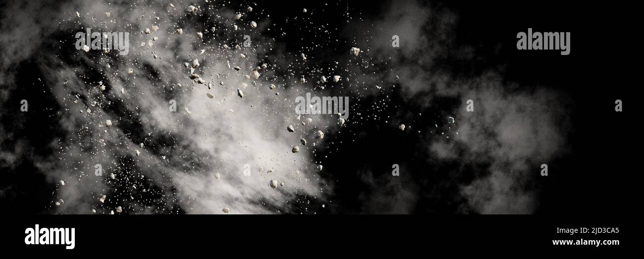 caída de residuos con polvo sobre fondo negro banner, 3d renderizado Foto de stock