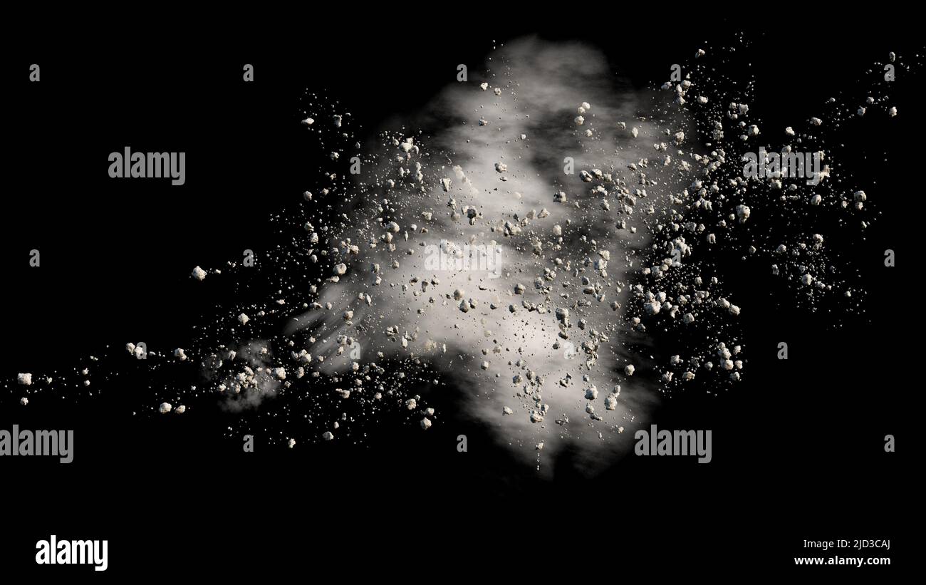 desechos voladores con polvo sobre fondo negro, 3d renderizado Foto de stock