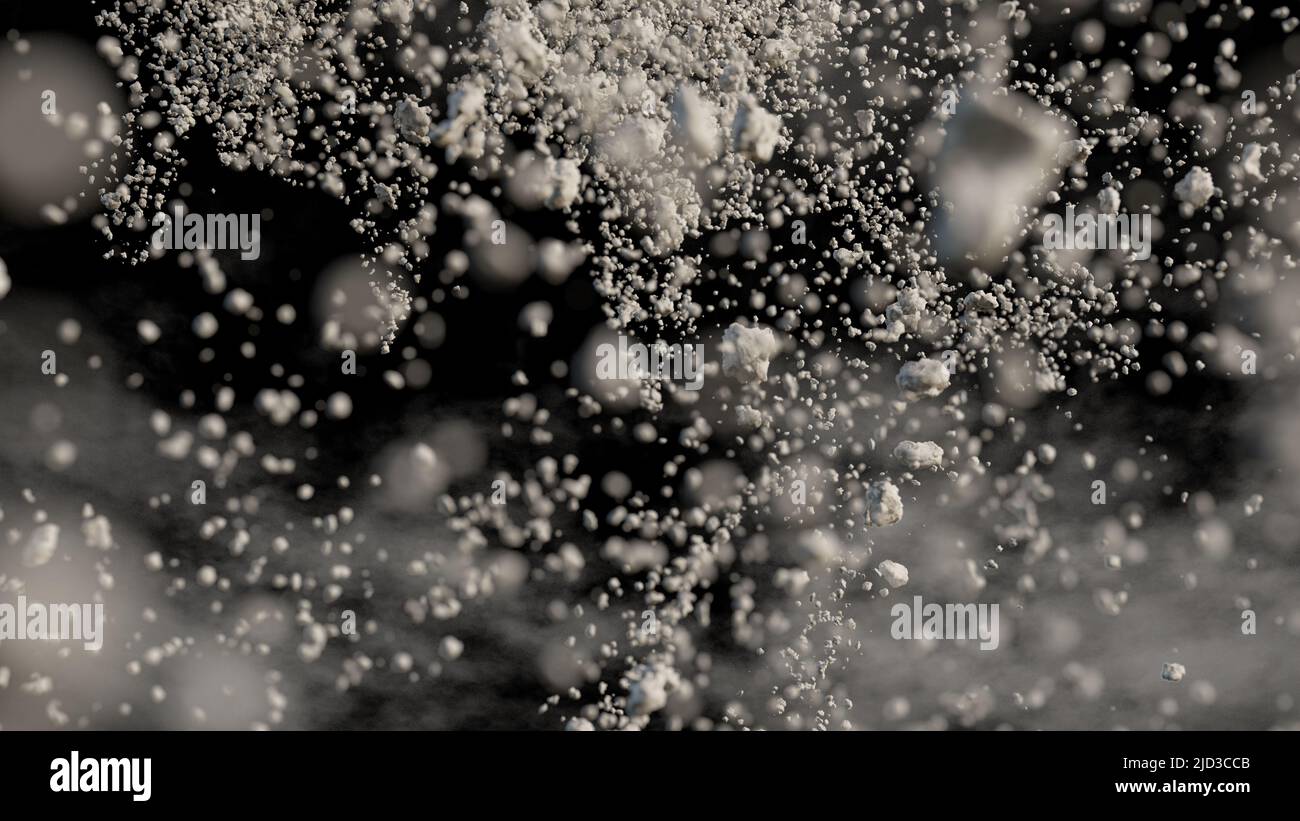 desechos voladores con polvo sobre fondo negro, primer plano, 3d render Foto de stock