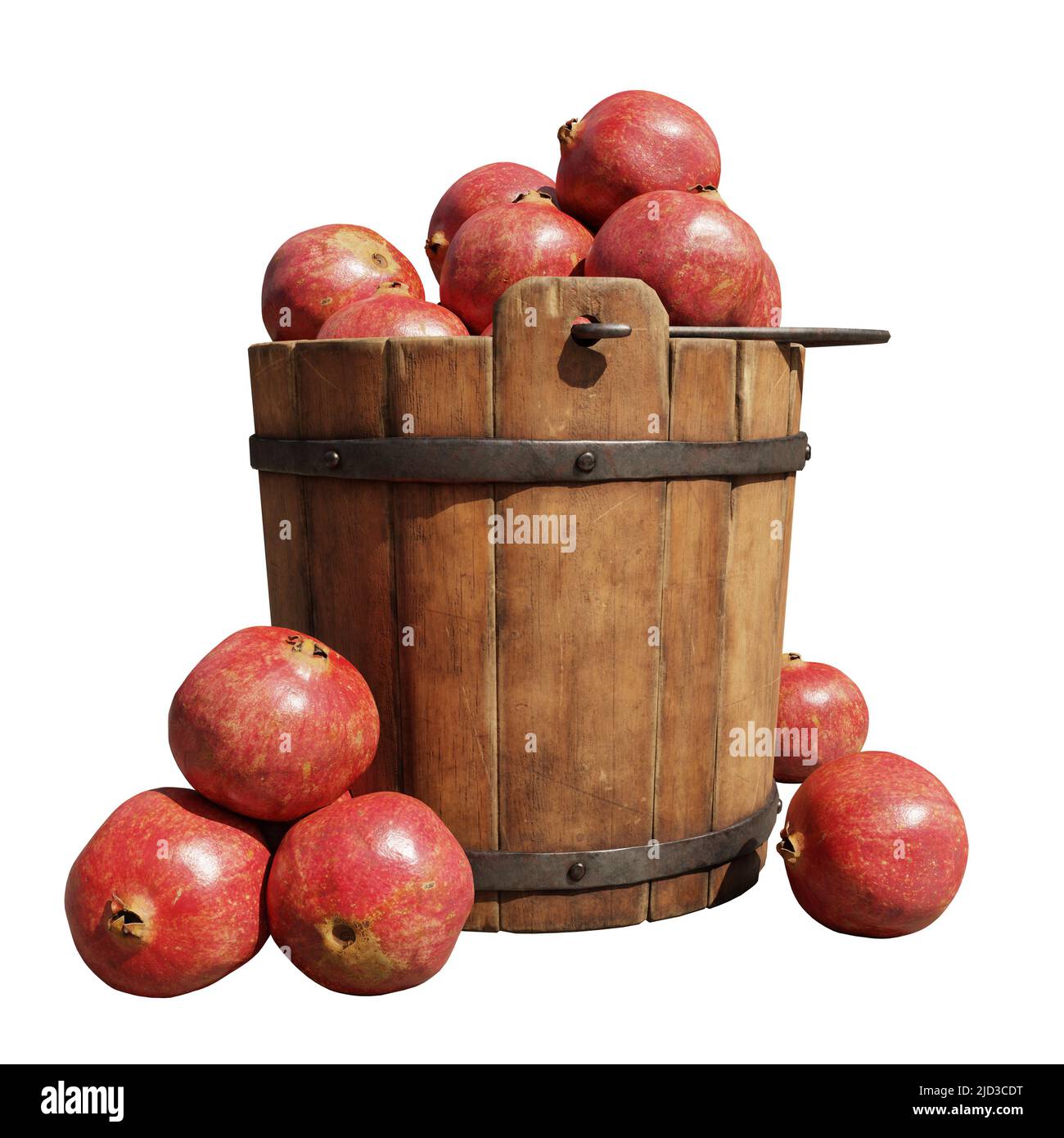 granadas, cubo de madera lleno de jugosas frutas, aisladas sobre fondo blanco Foto de stock