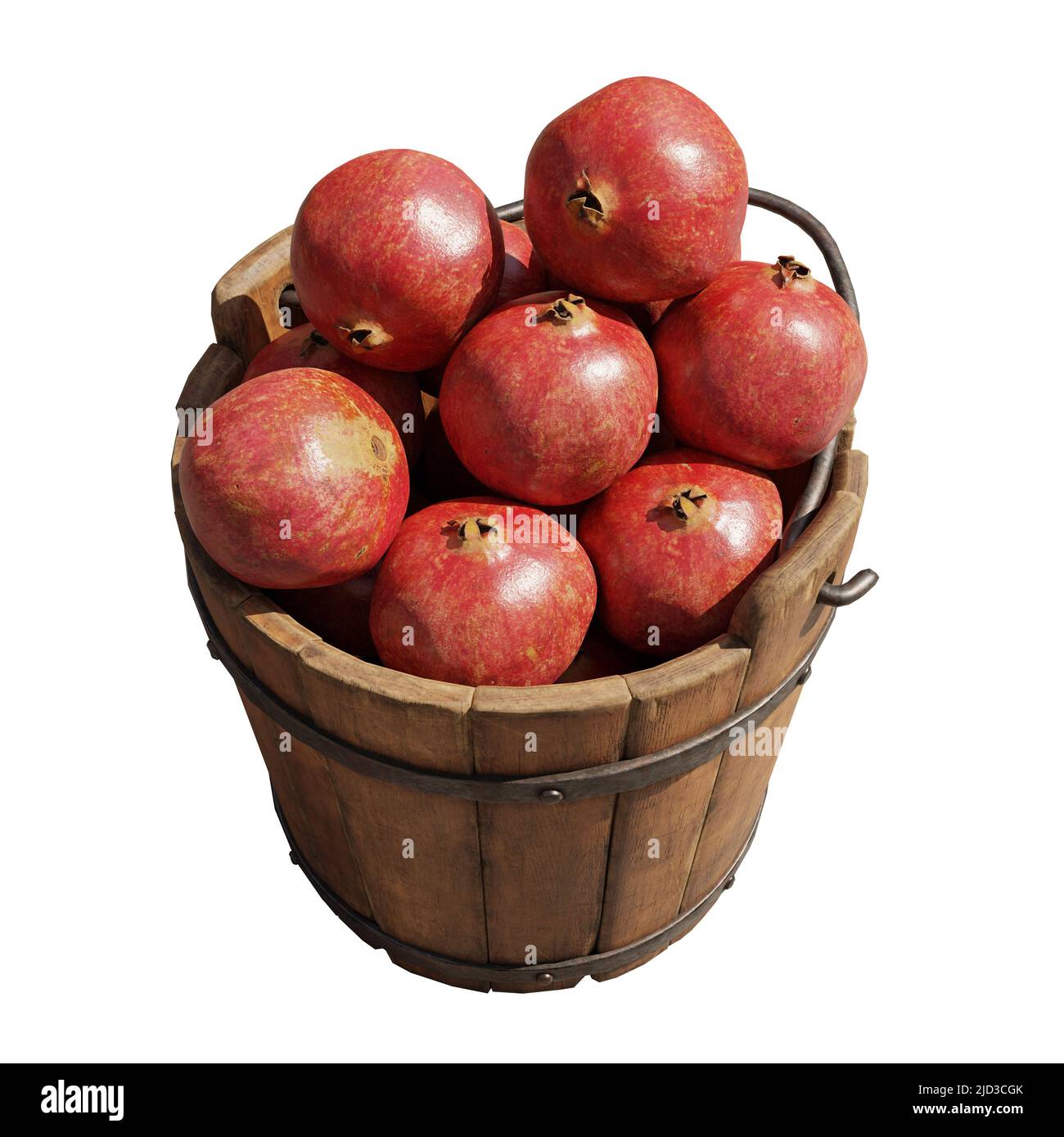 granadas, cubo de madera lleno de deliciosas frutas, aisladas sobre fondo blanco, ilustración 3d Foto de stock