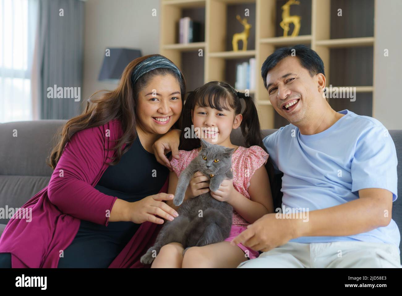 Feliz tiempo de la familia asiática jugando con su gato en la sala de estar en el sofá o sofá en casa. Foto de stock