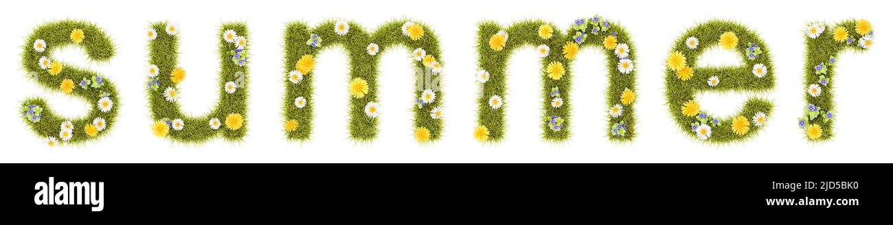 Flowery Grassy Summer Text Shape Aislado sobre blanco Foto de stock