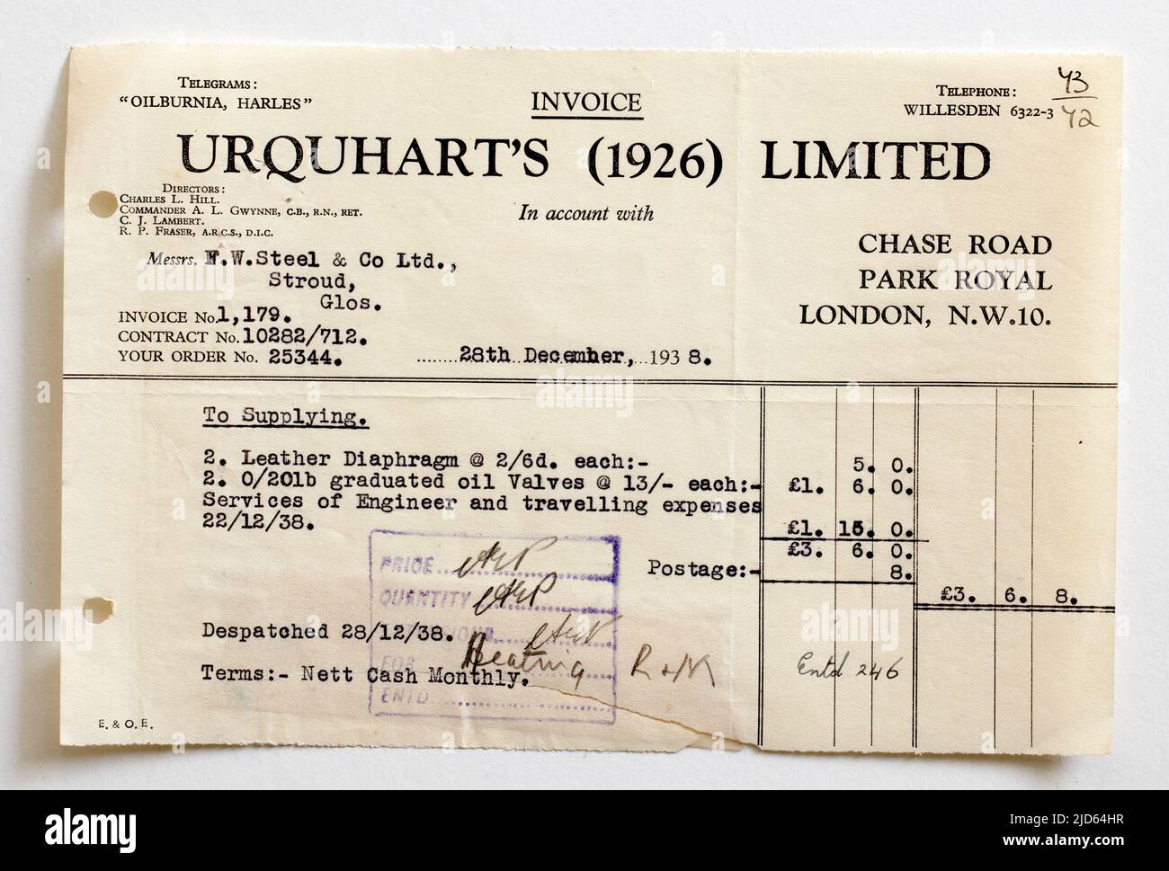 1930s ; Recibo comercial para los proveedores de ingeniería de Urquharts Ltd Foto de stock