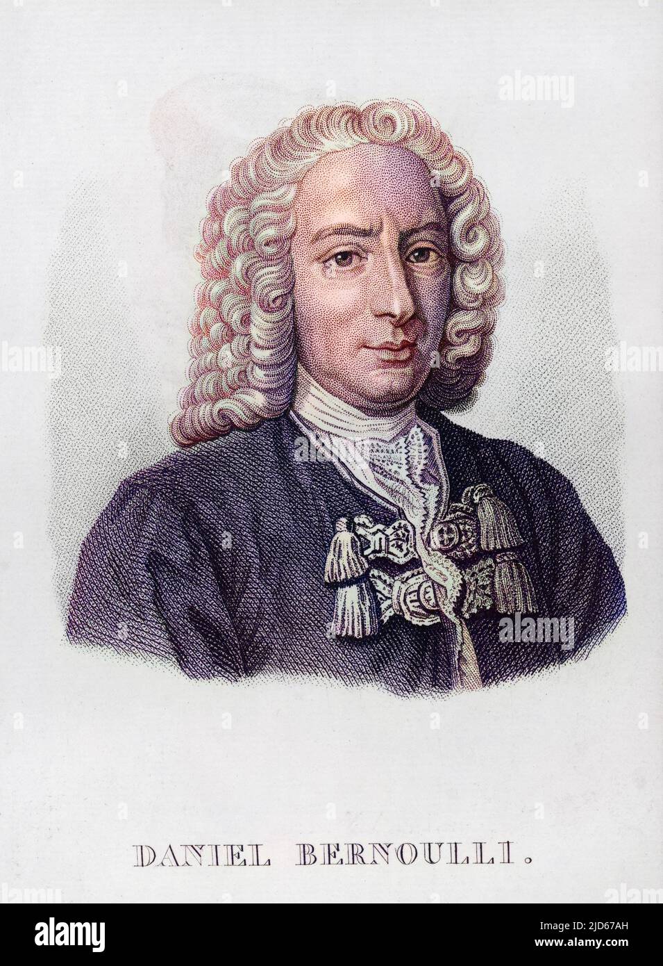 DANIEL BERNOUILLI (1700 - 1783), profesor suizo de matemáticas en San Petersburgo y de anatomía, botánica y física y luego de filosofía en la Universidad de Basilea. Versión coloreada de : 10016167 Foto de stock