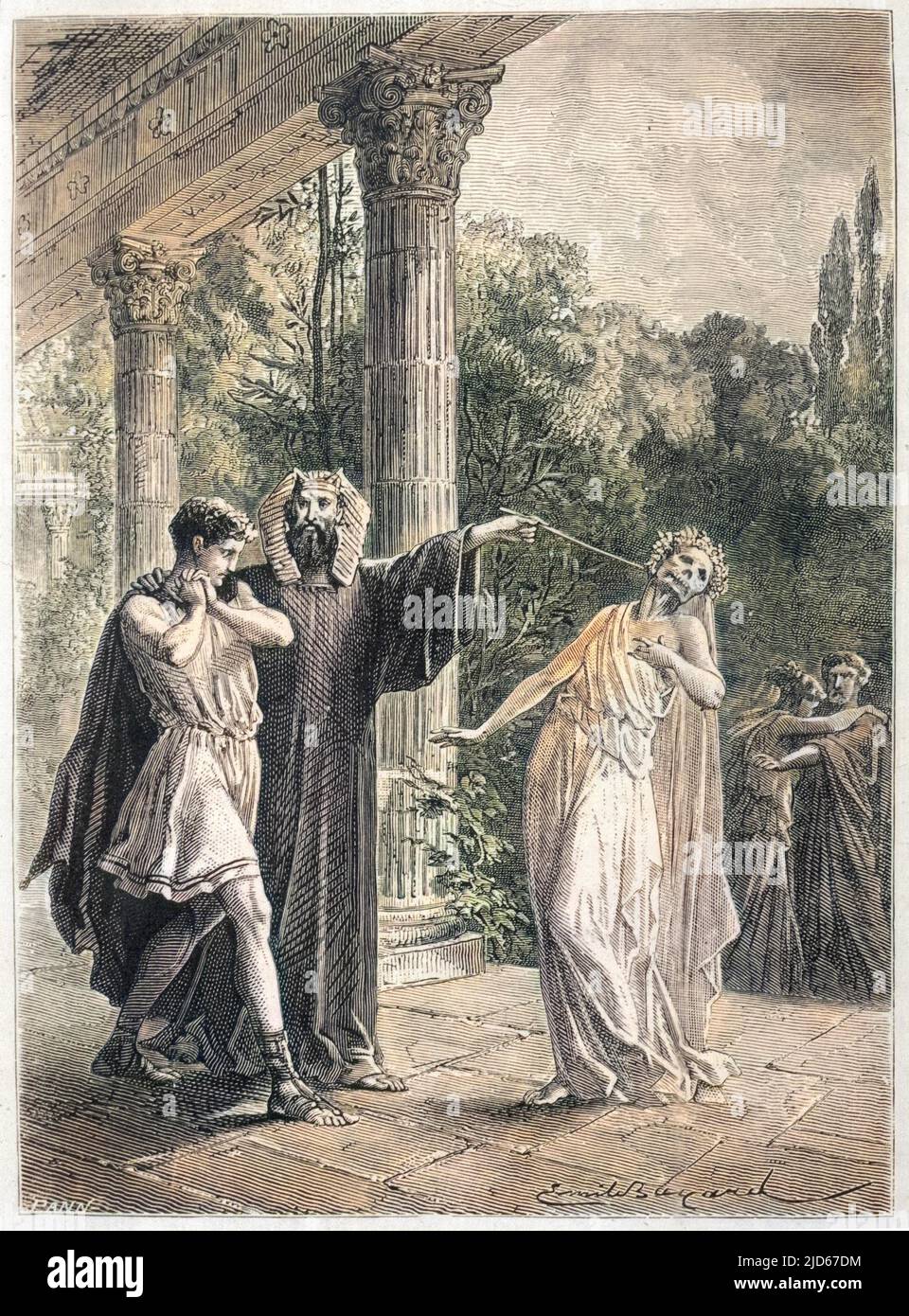 El mago Apolonio de Tyana revela a Menippo de Corinto que su esposa es un espíritu maligno, demostrando su verdadera apariencia. Versión coloreada de : 10018026 Fecha: 1st siglo dC Foto de stock