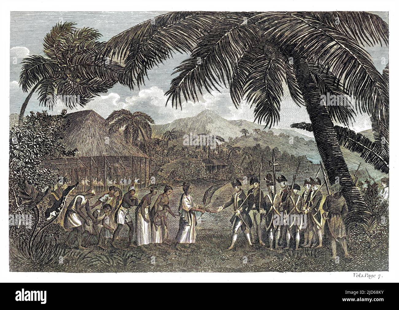 Tahití, en las Islas de la Sociedad, es 'descubierto' por el capitán Samuel Wallis de la Marina Real, y después de las hostilidades iniciales hace amigos con su reina, Oberea. Versión coloreada de : 10147805 Fecha: 1767 Foto de stock