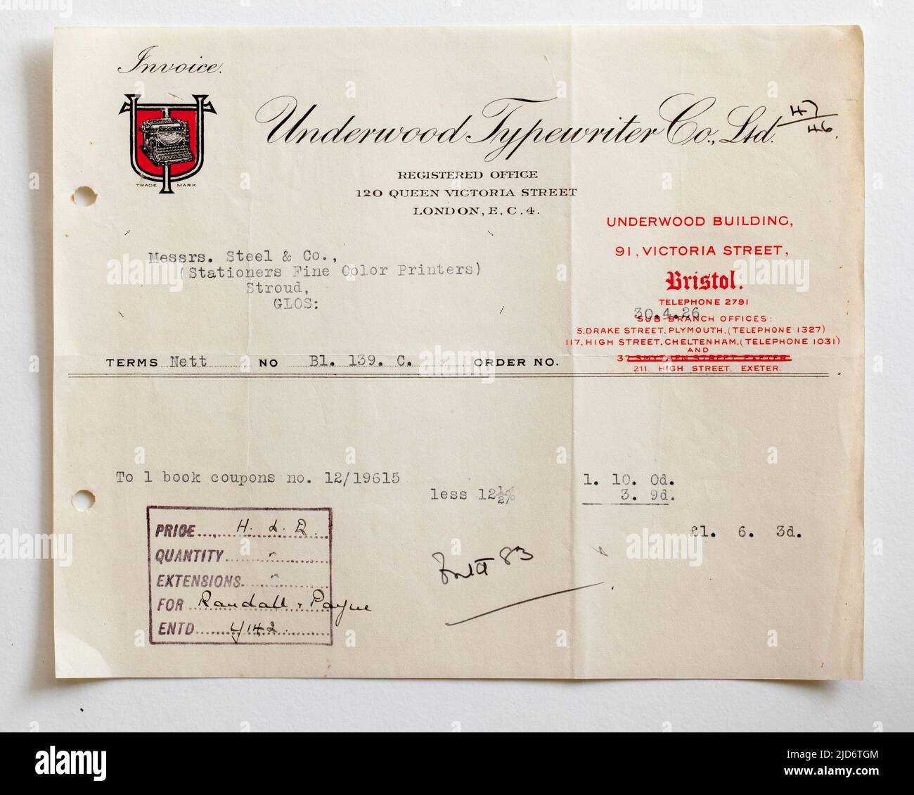 1920s Recepción de factura de ventas de negocios para suministros de Underwood Typewriter Co Ltd Foto de stock
