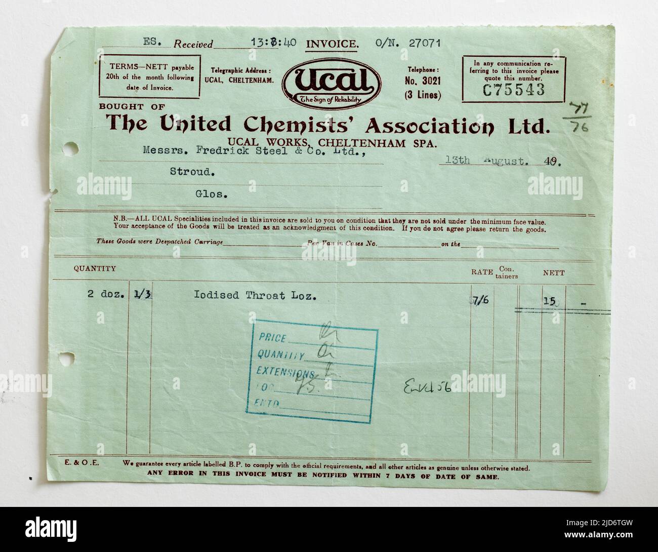 1940s Recepción de factura de ventas comerciales para suministros de United Chemists Association Ltd Foto de stock