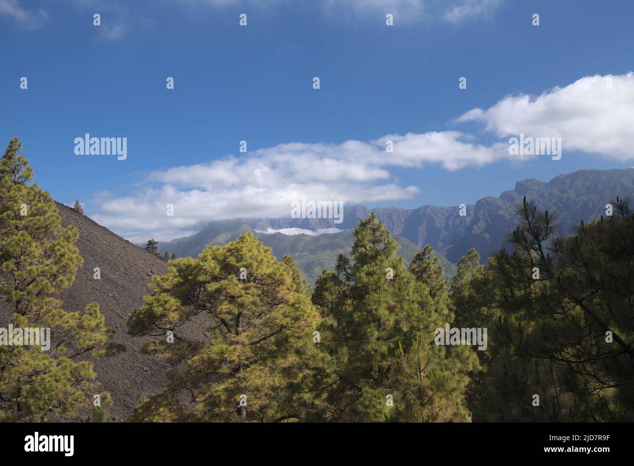 La Palma, vista hacia la zona más alta de la isla, Caldera de Tabiriente, desde una ruta de senderismo en el municipio de El Paso Foto de stock