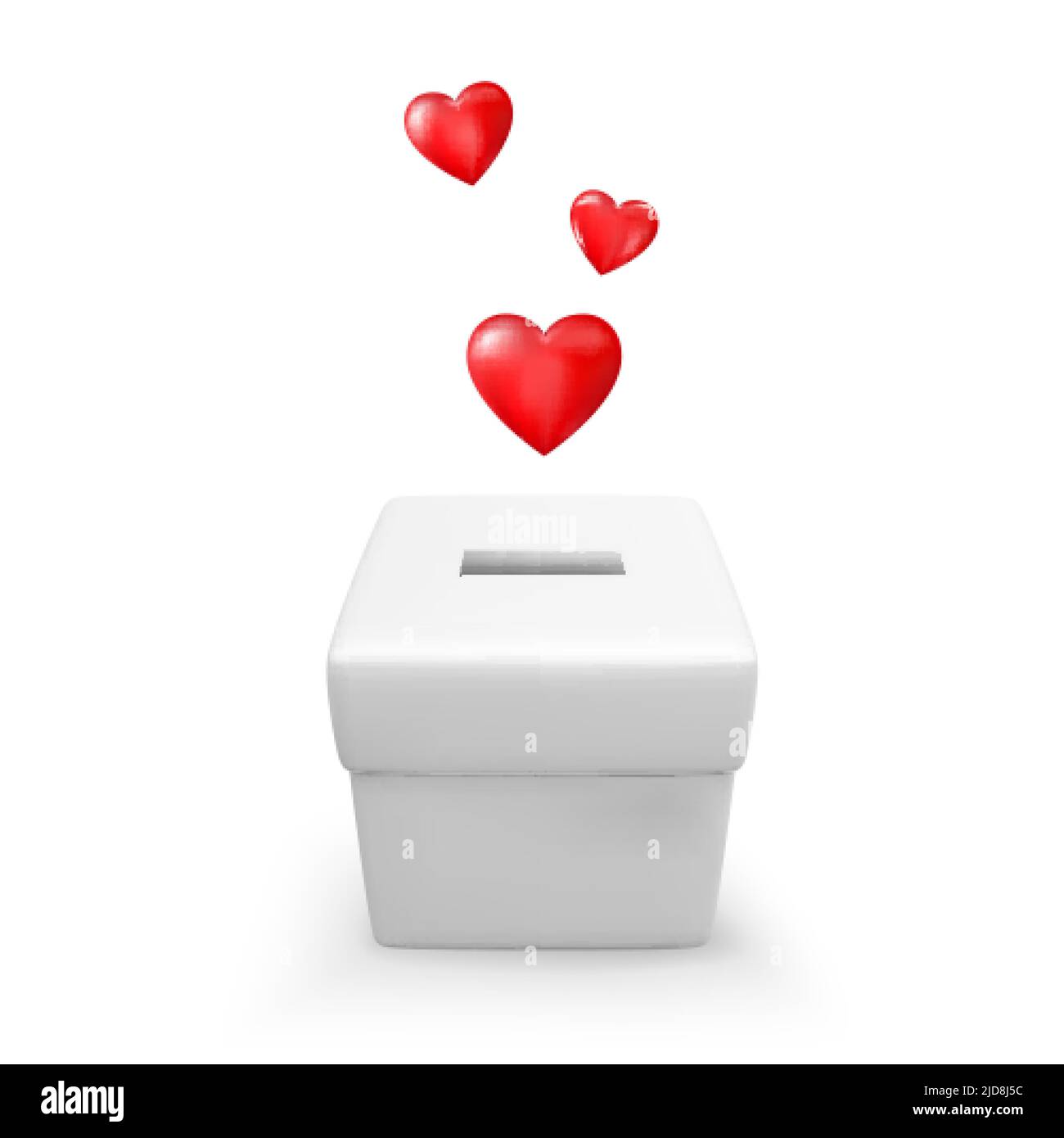 Caja de donación blanca de 3D corazones y dibujos animados. Concepto de donación y caridad. Ilustración vectorial Ilustración del Vector