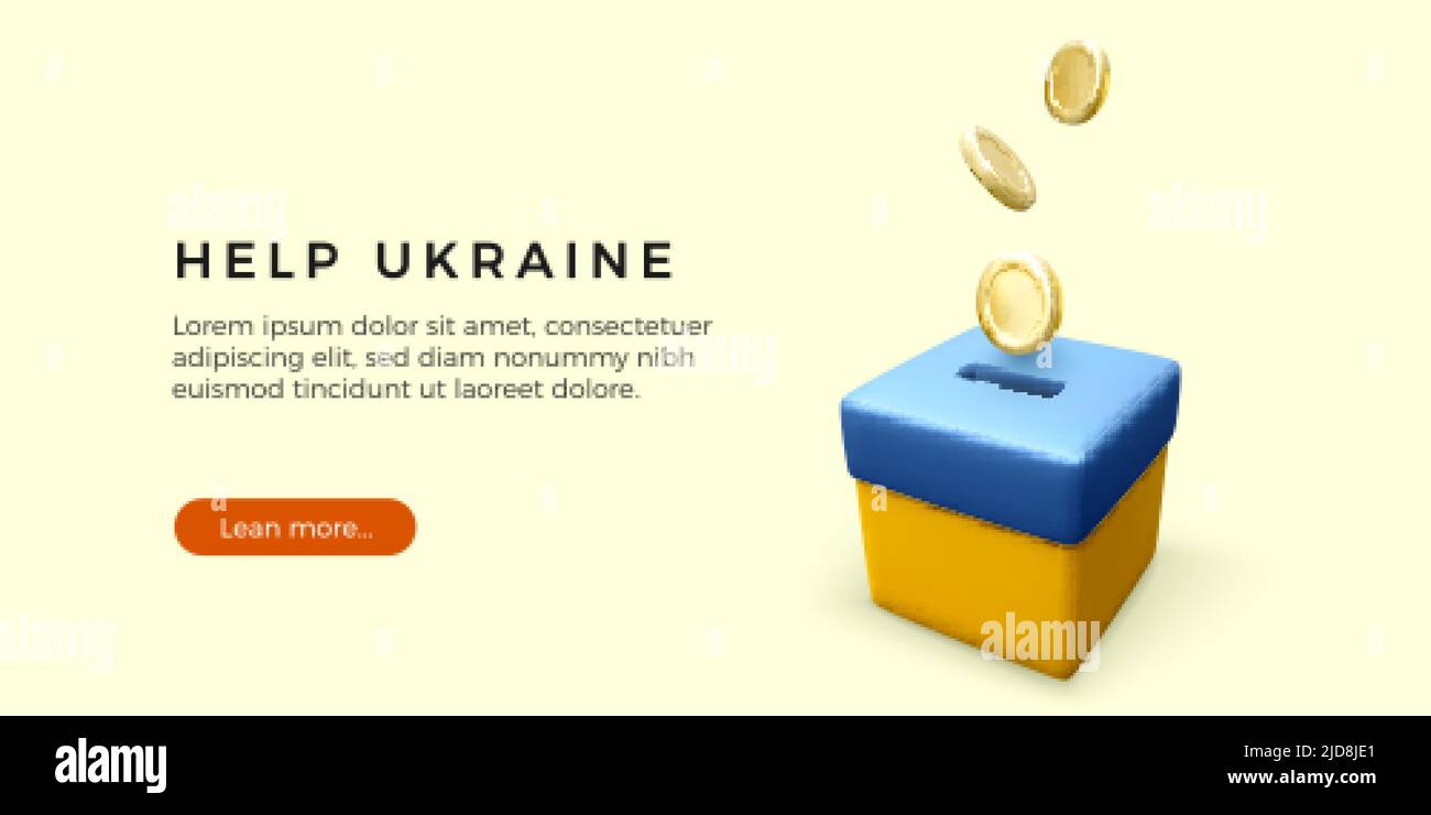 Recaudación de fondos para las víctimas de la guerra en Ucrania plantilla o web banner. Caída de monedas de oro en el color de la caja de donación en la bandera nacional ucraniana. Vector i Ilustración del Vector