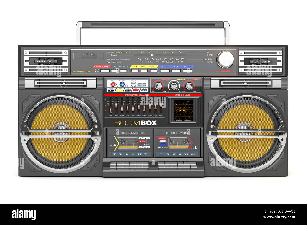 Retro boombox ghetto blaster , radio y grabadora de audio aisladas sobre blanco. ilustración 3d Foto de stock