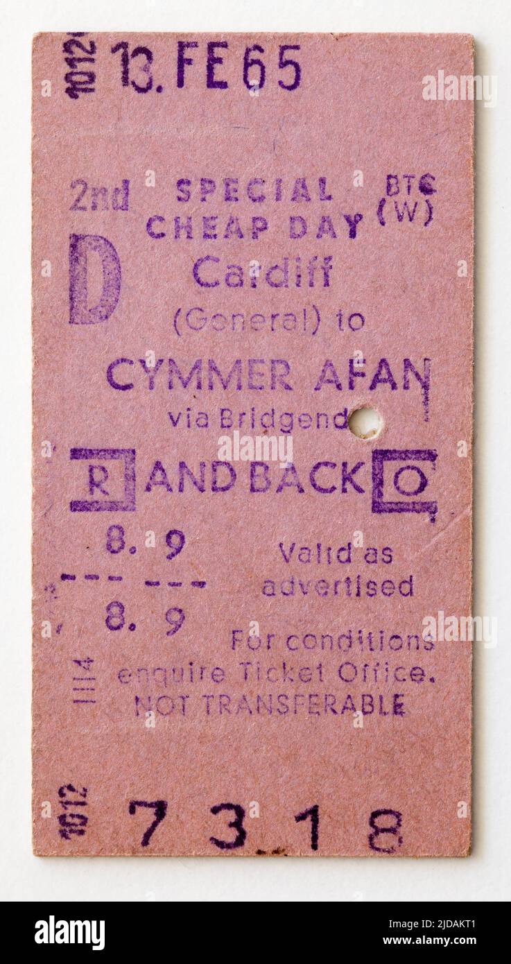 Billete de tren británico 1960s de Cardiff a Cymmer Afan Foto de stock