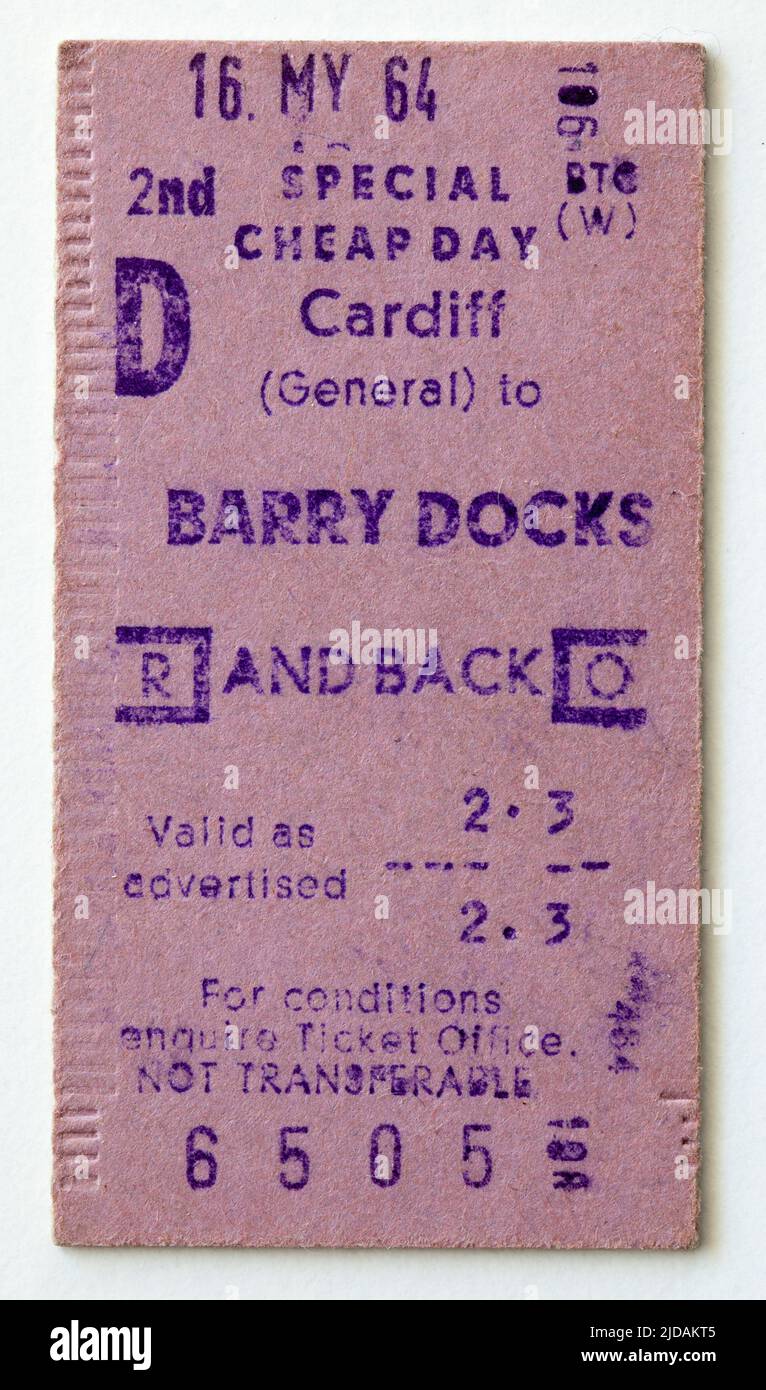 Billete de tren británico 1960s de Cardiff a Barry Docks Foto de stock