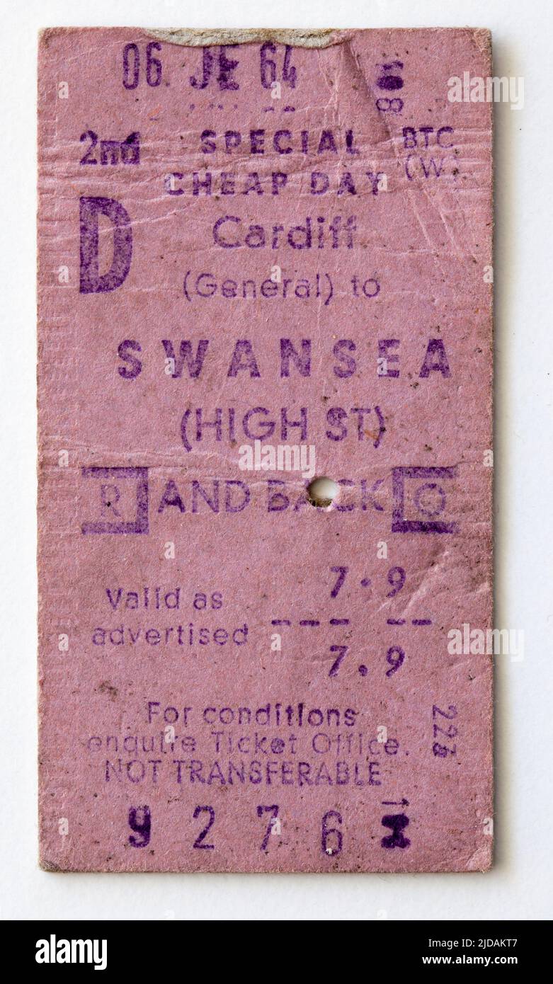 Billete de tren británico 1960s de Cardiff a Swansea Foto de stock