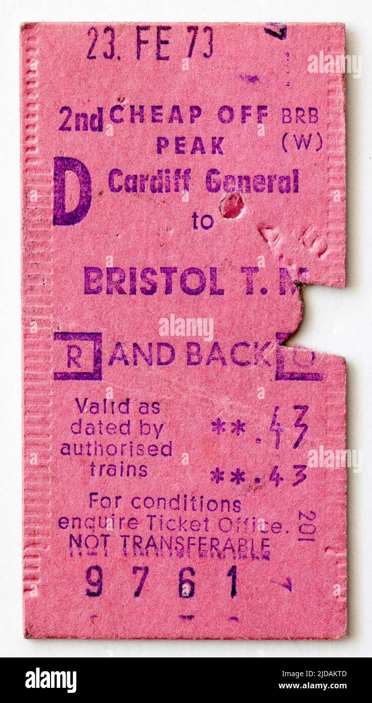 Billete de tren británico 1970s de Cardiff a Bristol Temple Meads Foto de stock