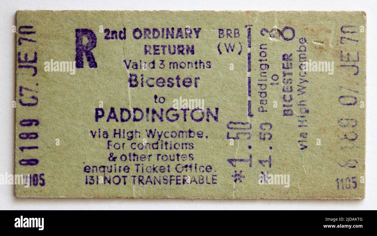 1970s Billete de tren británico Bicester a Paddington Foto de stock