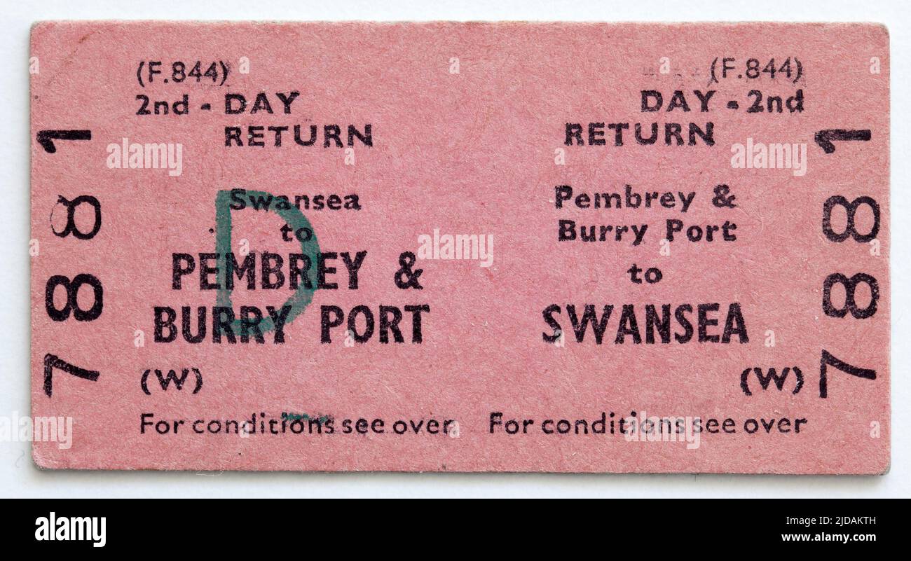 Billete de tren británico de Swansea a 1970s h hasta el puerto de Pembrey Burry Foto de stock