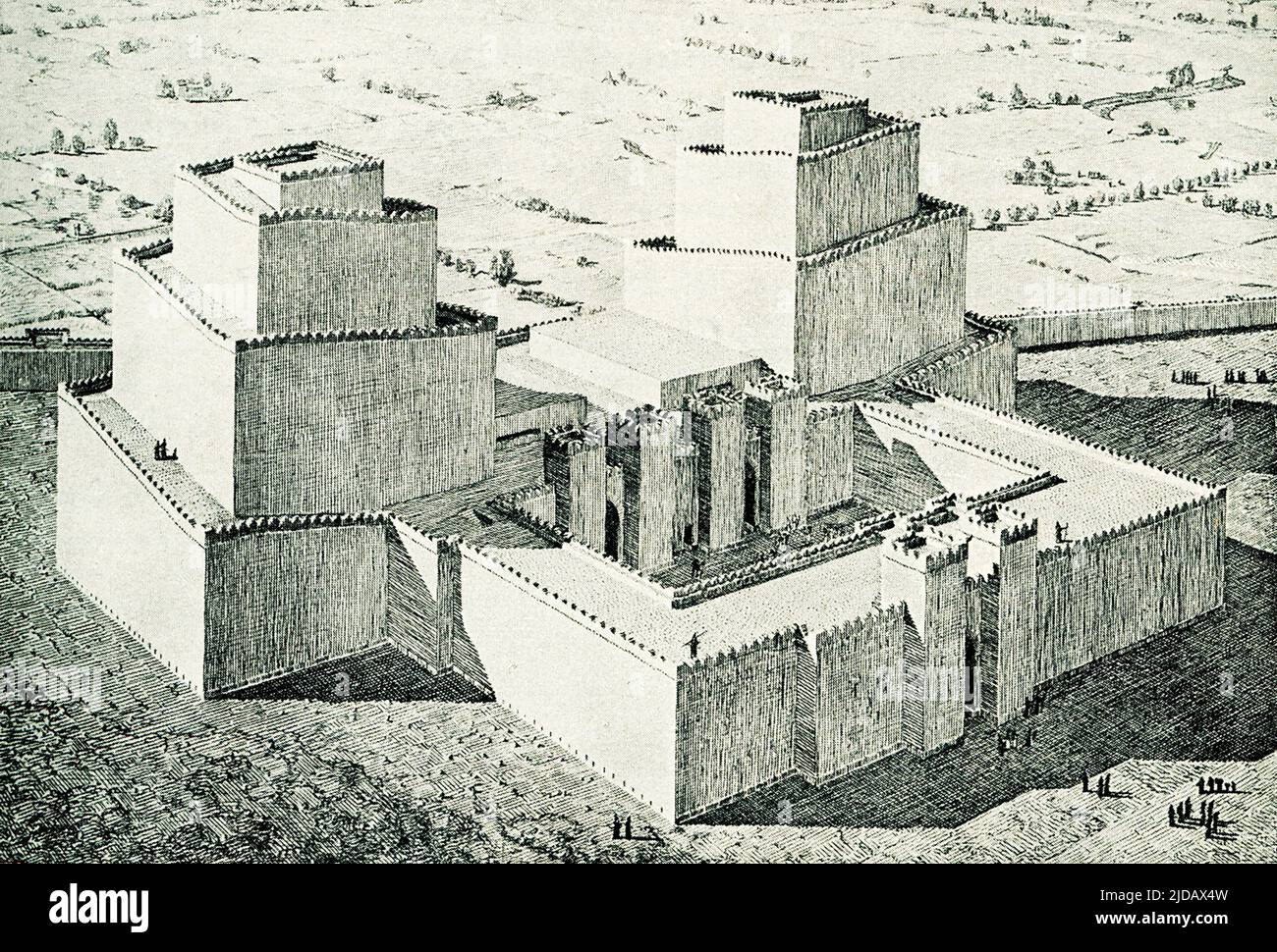 Aquí se muestra una vista reconstruida del ziggurat en Assur (también conocido como Ashur y Qal'at Sherqat), la capital del antiguo estado asirio, el Imperio asirio medio, y por un tiempo, del Imperio neo-asirio. El ziggurat fue dedicado al dios Assur, Assur estaba situado en el río Tigris en Mesopotamia (ahora al norte de Irak). Se remonta a unos 4.000 años. El ziggurat es la invención arquitectónica más distintiva del Antiguo Cercano Oriente. Como una antigua pirámide egipcia, un antiguo ziggurat del Cercano Oriente tiene cuatro lados y se eleva hasta el reino de los dioses. A diferencia de las pirámides egipcias, Th Foto de stock