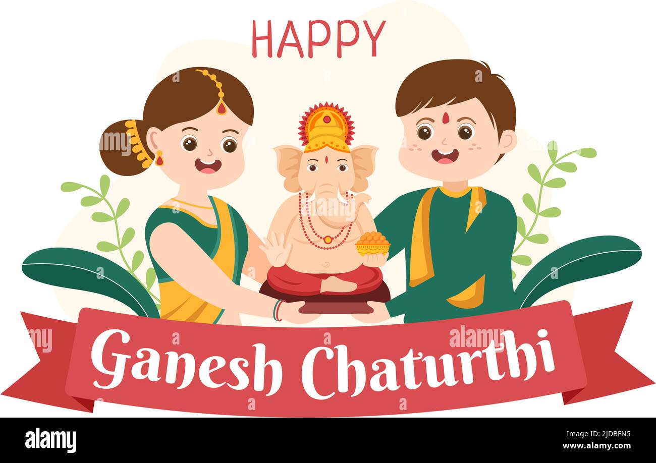 Feliz Ganesh Chaturthi del Festival en la India para celebrar su llegada a la Tierra en la ilustración de vectores de fondo de estilo plano Ilustración del Vector