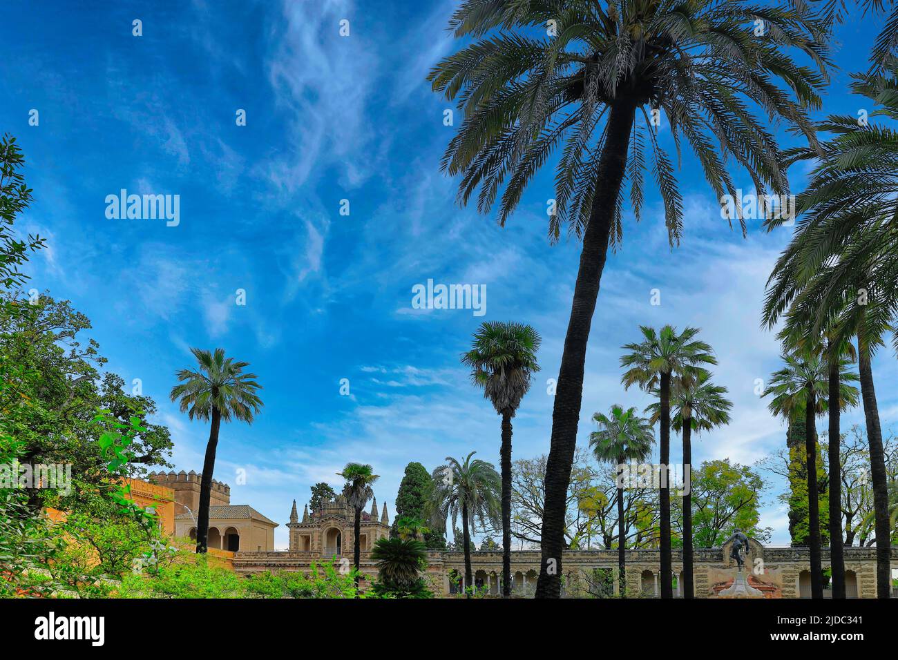 Cielo vivo y palmeras con Portal del Privilegio en el fondo en los jardines del Palacio Real del Alcázar, Sevilla, España Foto de stock
