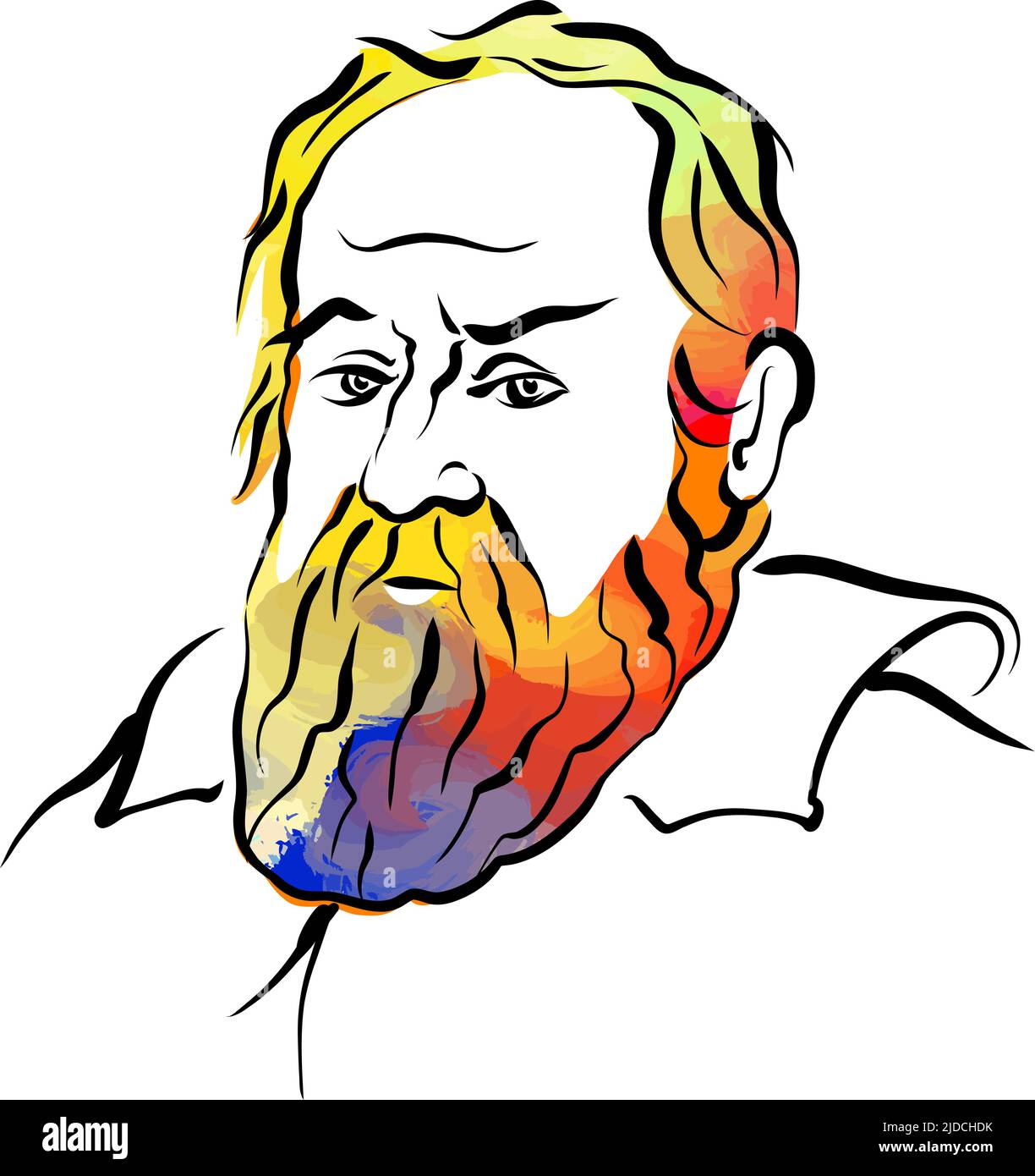 Galileo Galilei colorido dibujo de vectores de pelo. Croquis de contorno dibujado a mano. Dibujo para su uso en cualquier proyecto de marketing y para su reventa como impresión. Ilustración del Vector