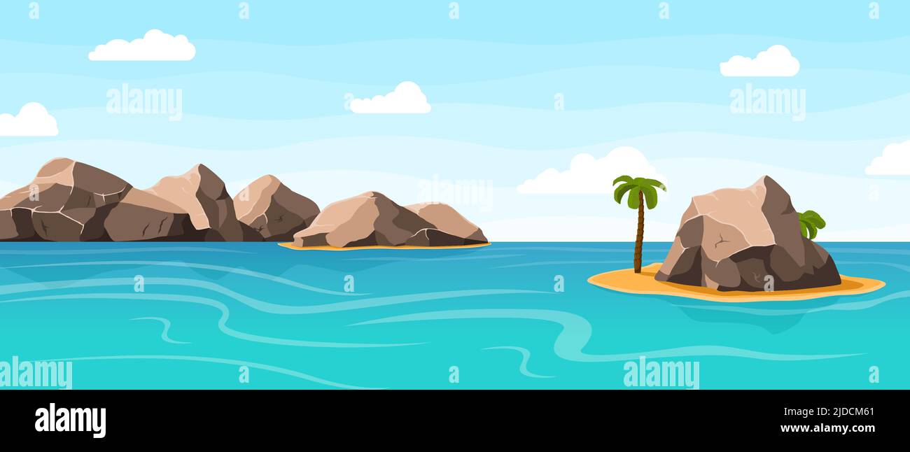 Rocas en el agua, mar con piedras gigantes y isla de arena con palmeras Rocas en el agua, mar con piedras gigantes y isla de arena con palmeras