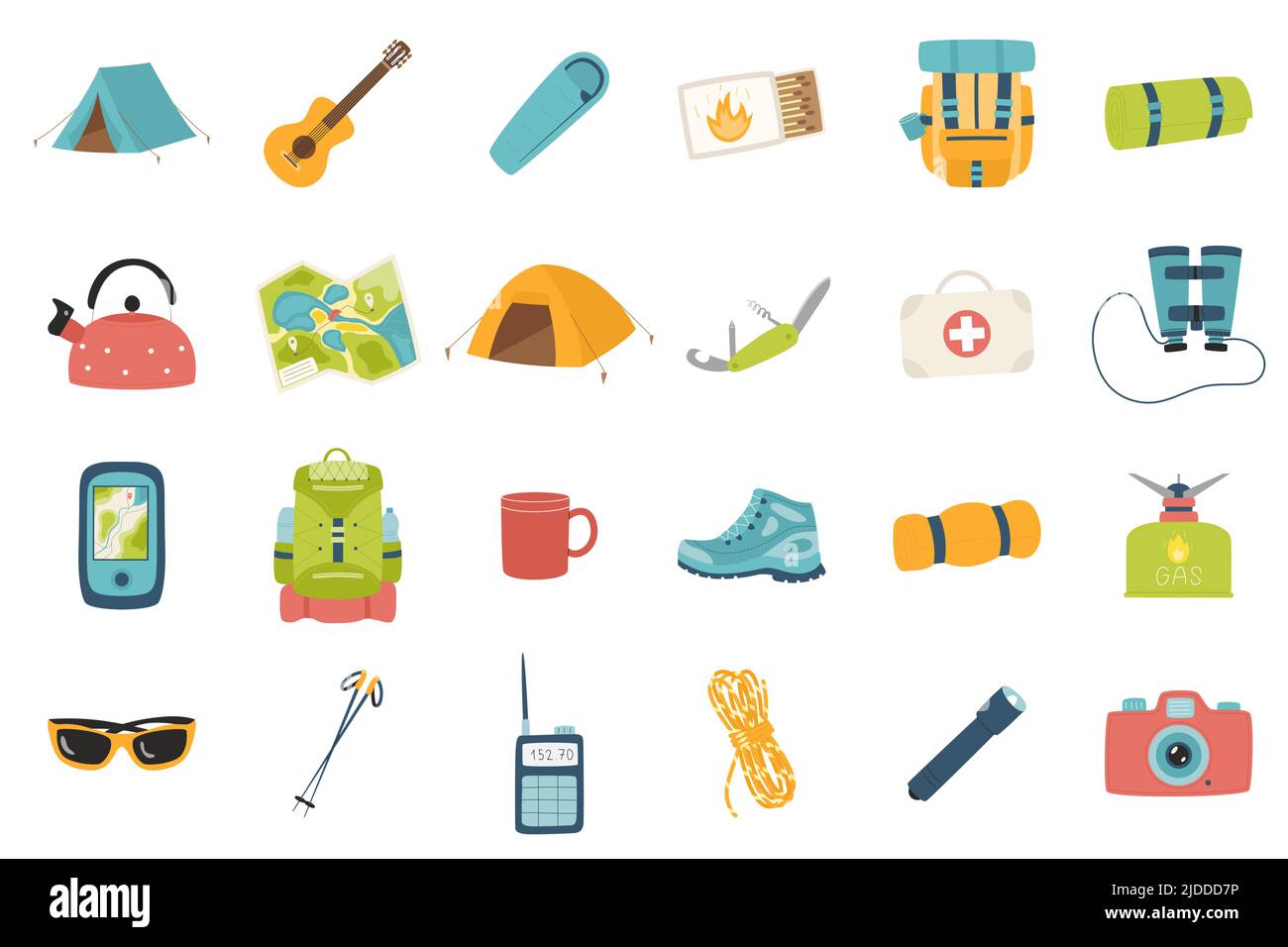 Un conjunto de elementos de diseño para el verano, vacaciones, turismo, senderismo, camping, picnic. Iconos planos de dibujos animados para la web. tarjetas, carteles, banners. Vector de color Ill Ilustración del Vector