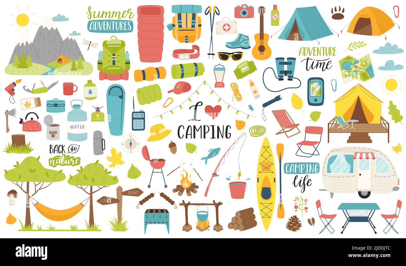 Una colección de elementos para acampar, viajar, senderismo, recreación al aire libre, picnic. Objetos gráficos para álbumes de recortes, carteles, banners, pegatinas, coches Ilustración del Vector