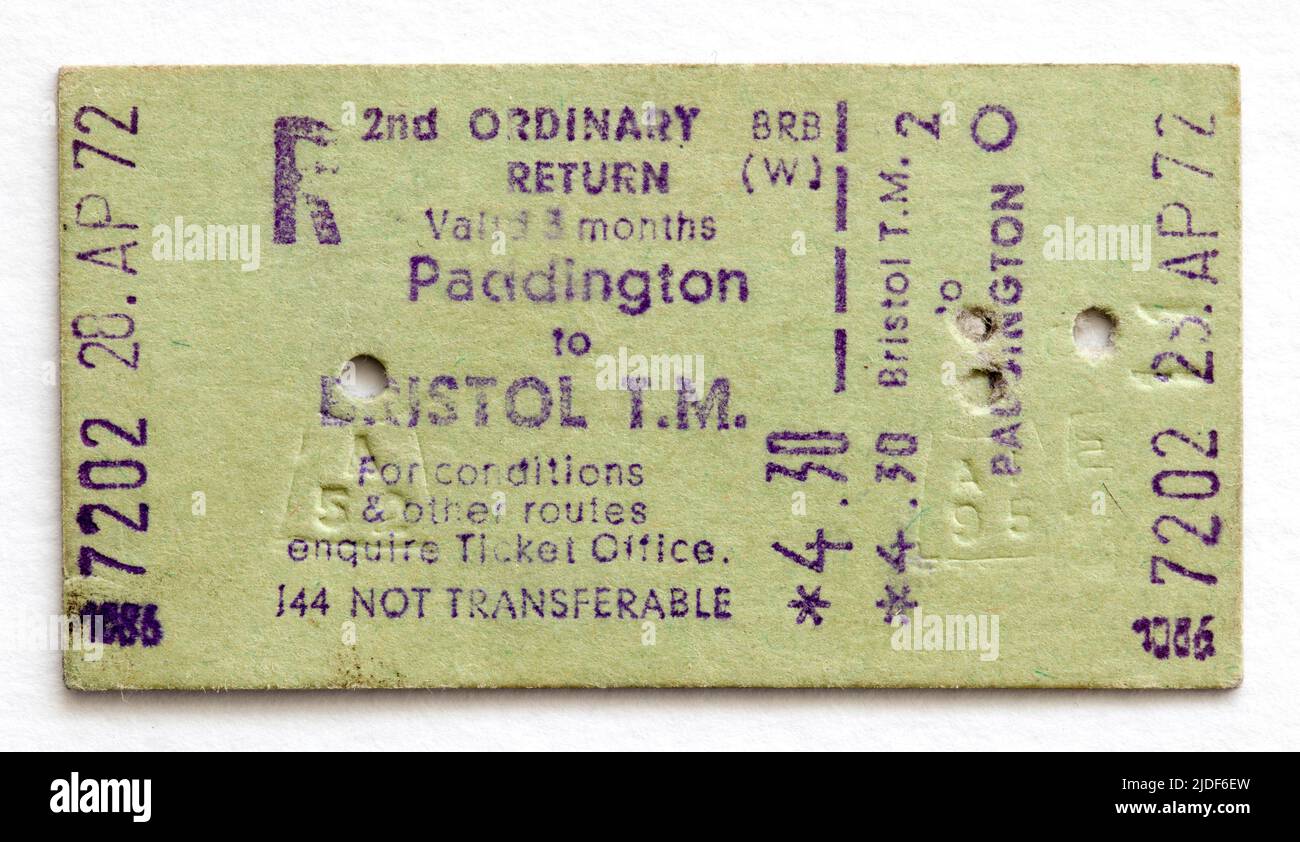Billete de tren británico 1970s de Londres Paddington a Bristol Temple Meads Foto de stock