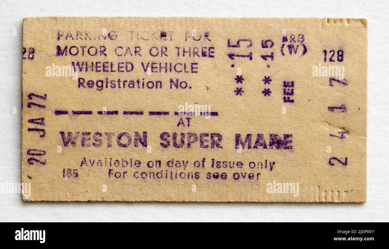 1970s British Rail Car Parking Ticket Weston Super Mare Railway Station Foto de stock