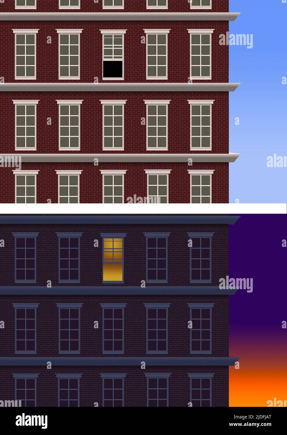 Aquí está un edificio de apartamentos urbano visto a la luz del día y por la noche con una ventana abierta durante el día y luces encendidas vistas a través de una ventana por la noche. Esto Foto de stock