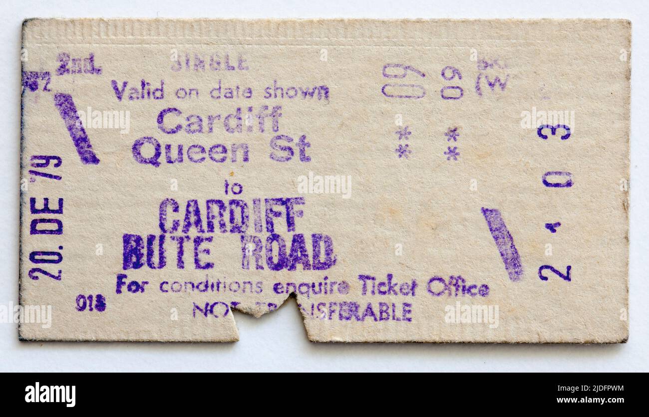 1970s billete de tren británico Cardiff a Bute Road Foto de stock