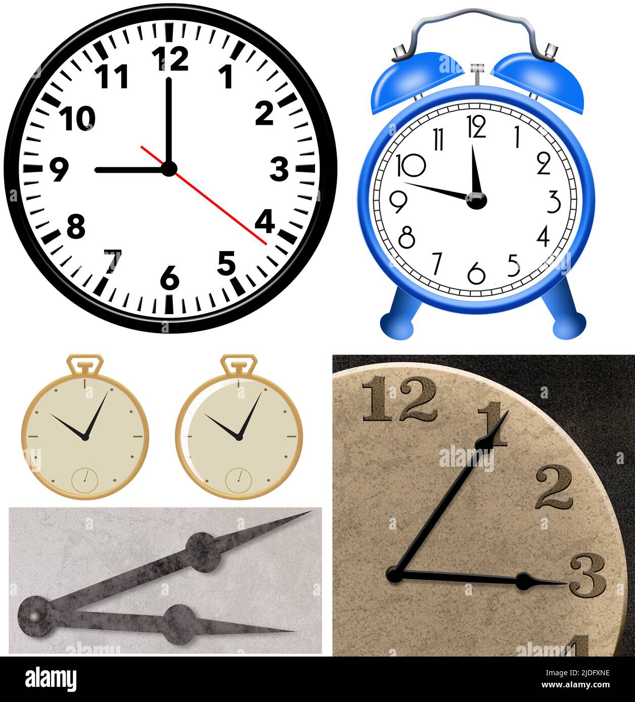 Los relojes y los relojes se ven como recurso gráfico 3-d ilustraciones aisladas sobre fondo blanco. Foto de stock