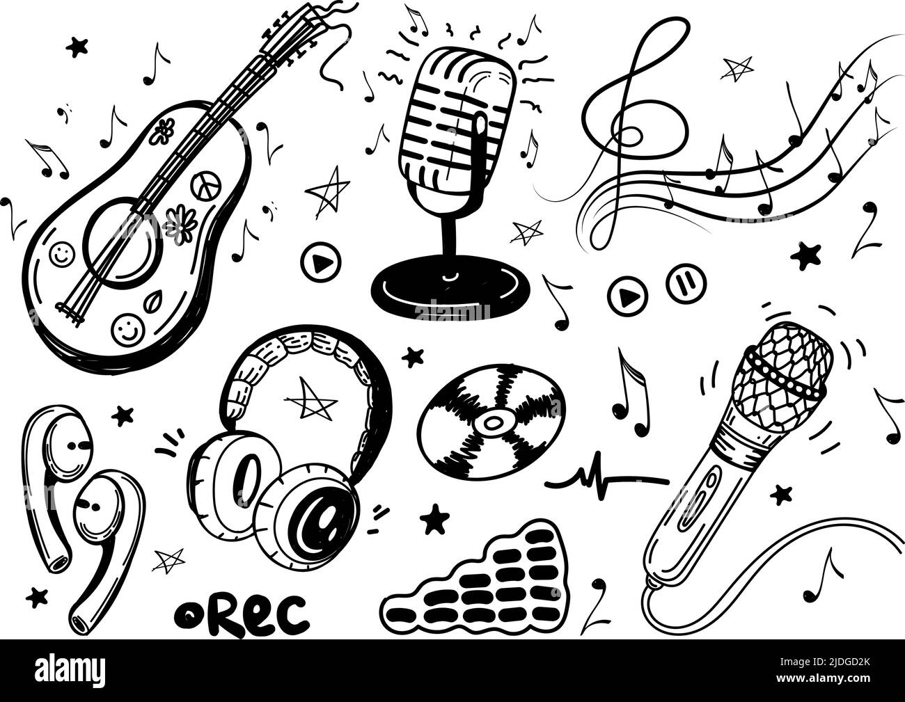 Un conjunto de elementos musicales dibujados a mano. Guitarra o ukulele. Auriculares, micrófonos, CD, audio, violín con notas e iconos de grabación. V Ilustración del Vector