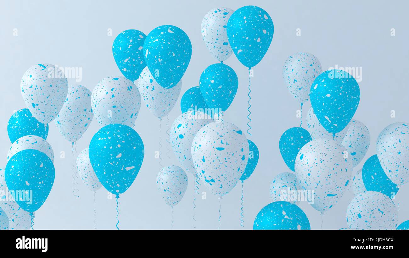 Grupo de globos de fiesta azules y blancos, con fondo en blanco de textura de hojuelas. ilustración 3d Foto de stock
