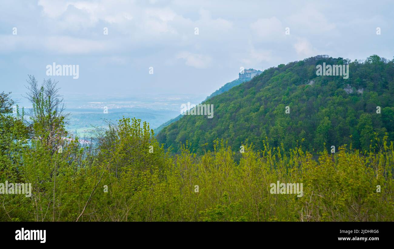 Alemania, Castillo histórico hohenneuffen ruinas naturaleza paisaje en la cima de una montaña cubierta de árboles en atmósfera niebla, vista panorámica Foto de stock