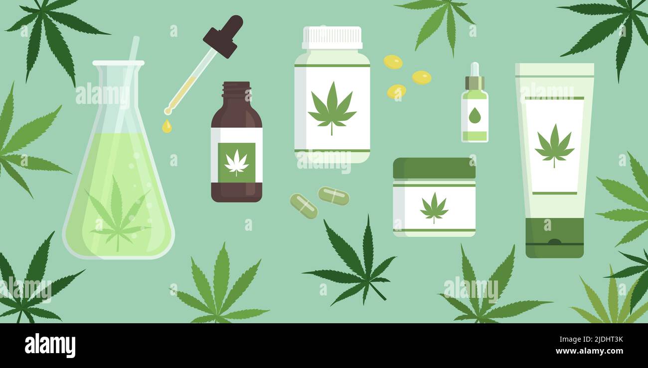 Cosméticos de cáñamo, aceite cbd y medicina de cannabis con hojas de cáñamo Ilustración del Vector
