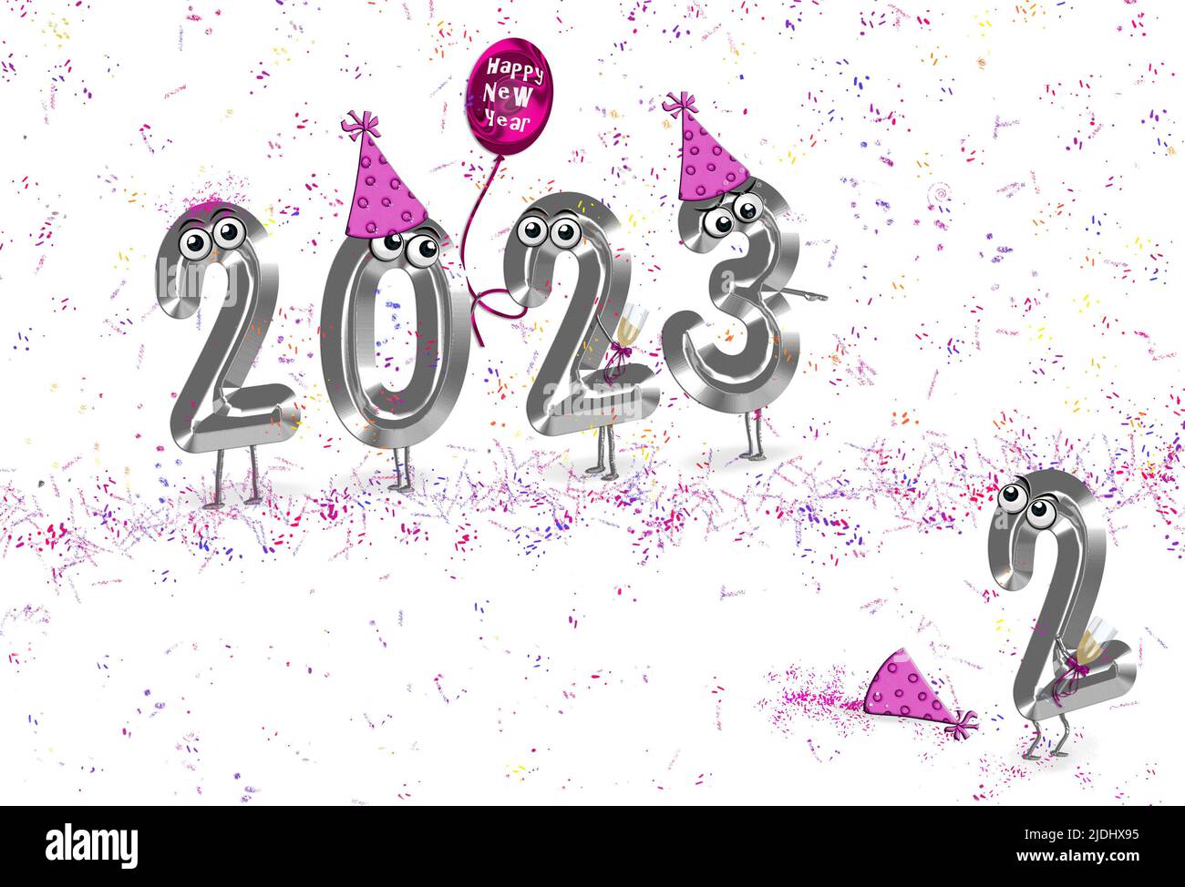 Texto de metal plateado de Año Nuevo 2023 con un globo de fiesta rosa, sombrero y confeti sobre fondo blanco Foto de stock