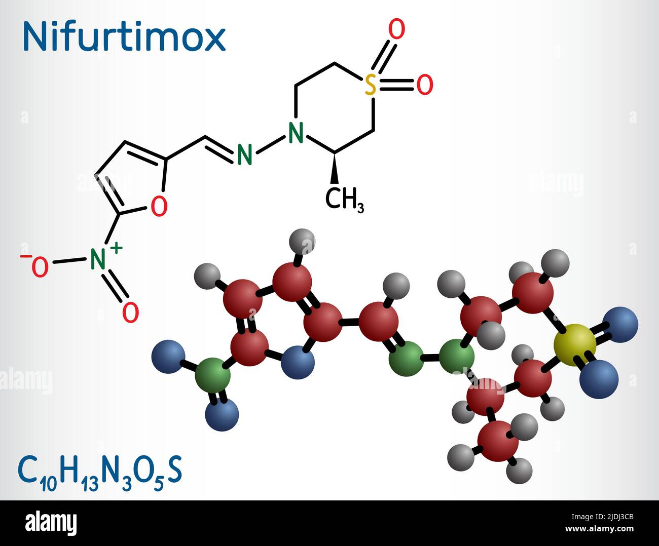 Molécula de nifurtimox. Es un medicamento antiparasitario utilizado para el tratamiento de la enfermedad de Chagas (infección por Trypanosoma cruzi). Fórmula química estructural, mol Ilustración del Vector