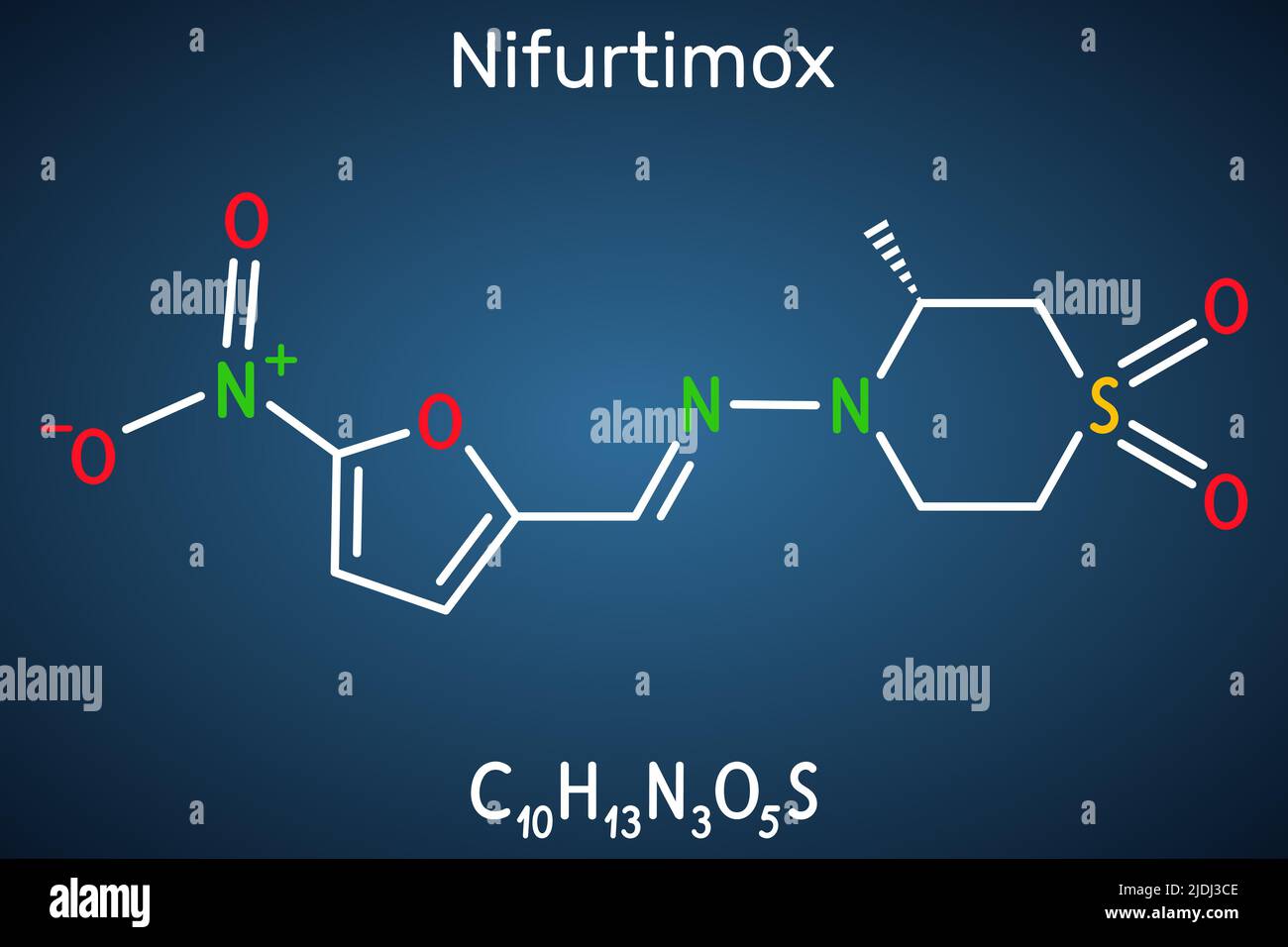 Molécula de nifurtimox. Es un medicamento antiparasitario utilizado para el tratamiento de la enfermedad de Chagas (infección por Trypanosoma cruzi). Fórmula química estructural en t Ilustración del Vector