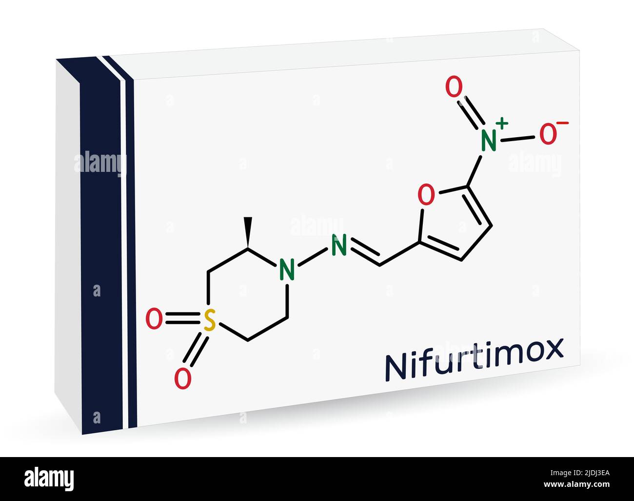 Molécula de nifurtimox. Es un medicamento antiparasitario utilizado para el tratamiento de la enfermedad de Chagas (infección por Trypanosoma cruzi). Fórmula química esquelética. Papel Ilustración del Vector