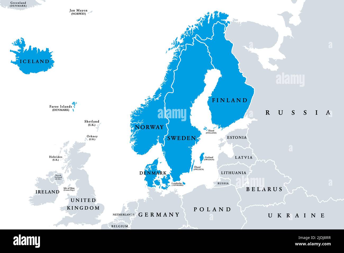 Escandinavia, mapa político. Una subregión del norte de Europa, que se refiere más comúnmente a Dinamarca, Noruega y Suecia. Foto de stock