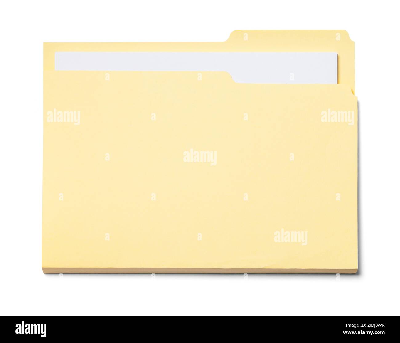 Carpeta de archivos amarilla con recorte de papel en blanco. Foto de stock
